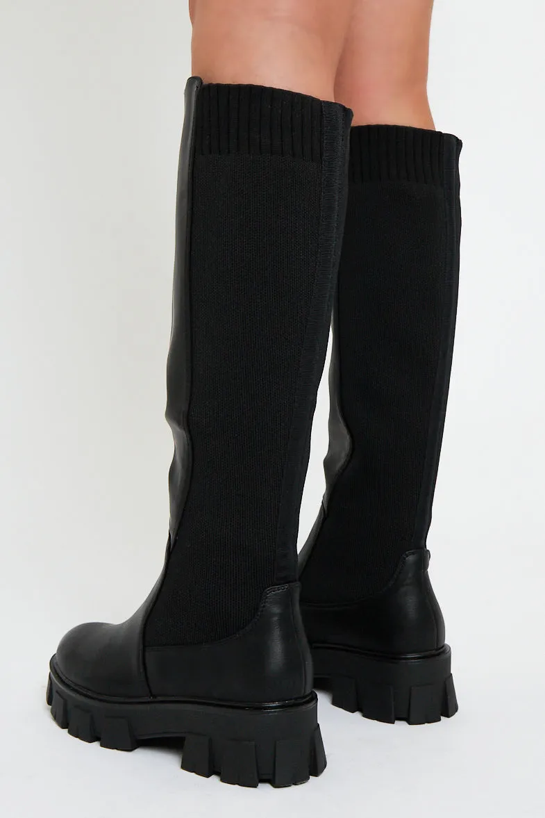 Black Leather Contrast Knee High Chunky Sole Boots - Phileine