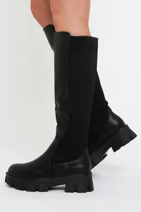 Black Leather Contrast Knee High Chunky Sole Boots - Phileine