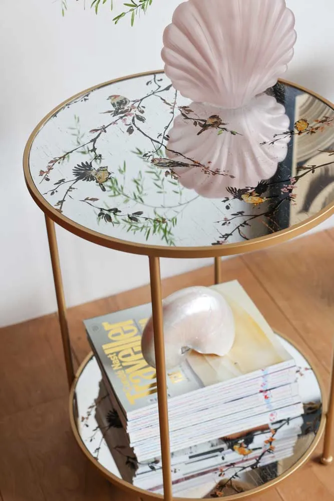 Gold Beautiful Birds Mirror Side Table