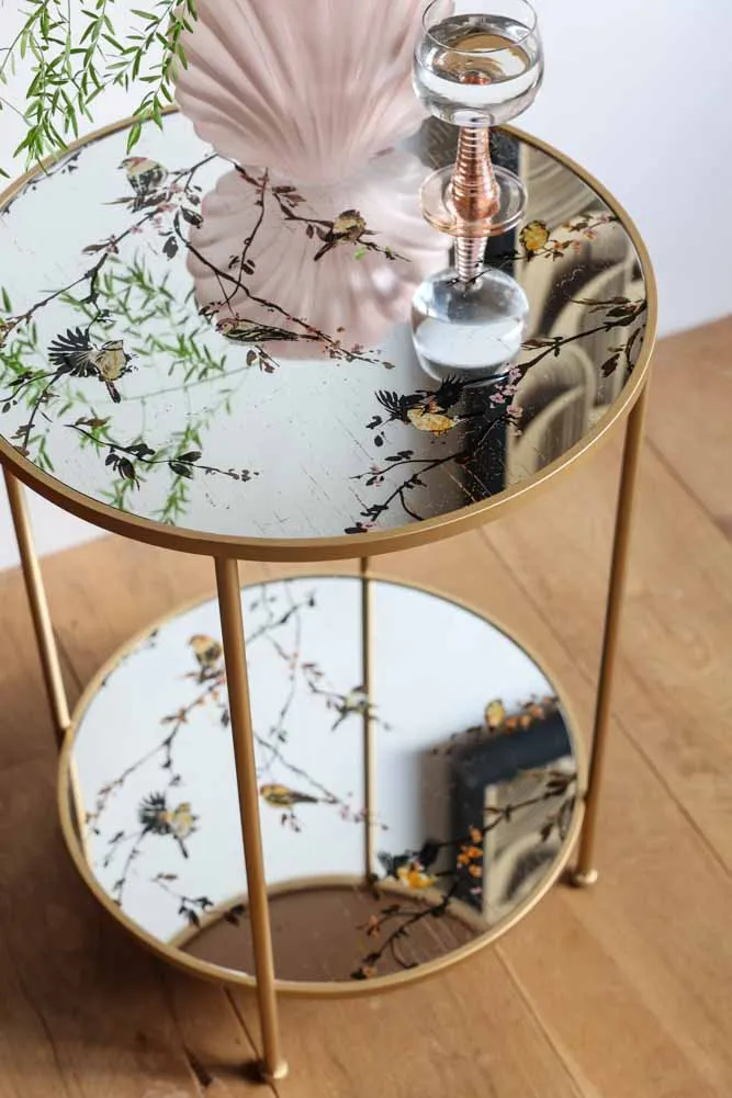 Gold Beautiful Birds Mirror Side Table