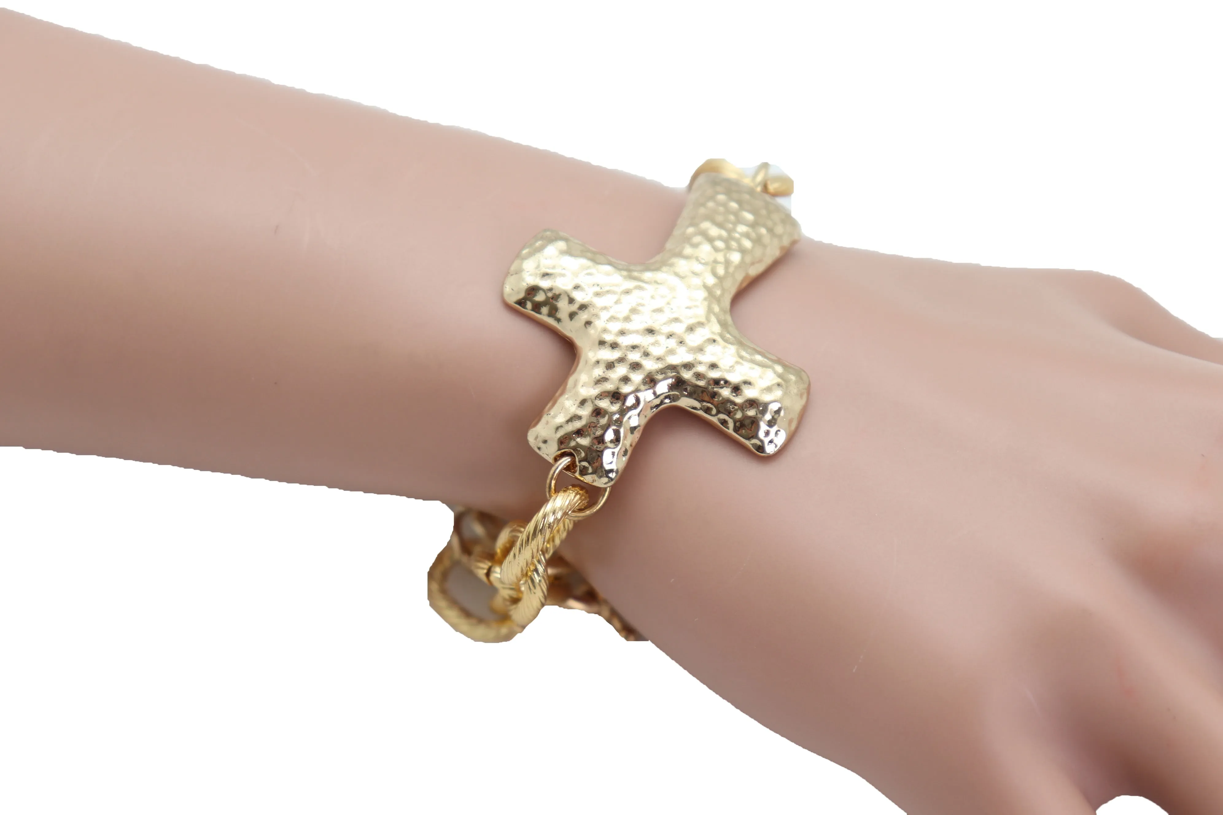 Gold Metal Chain Wrist Bracelet Cross Charm Weekend Look