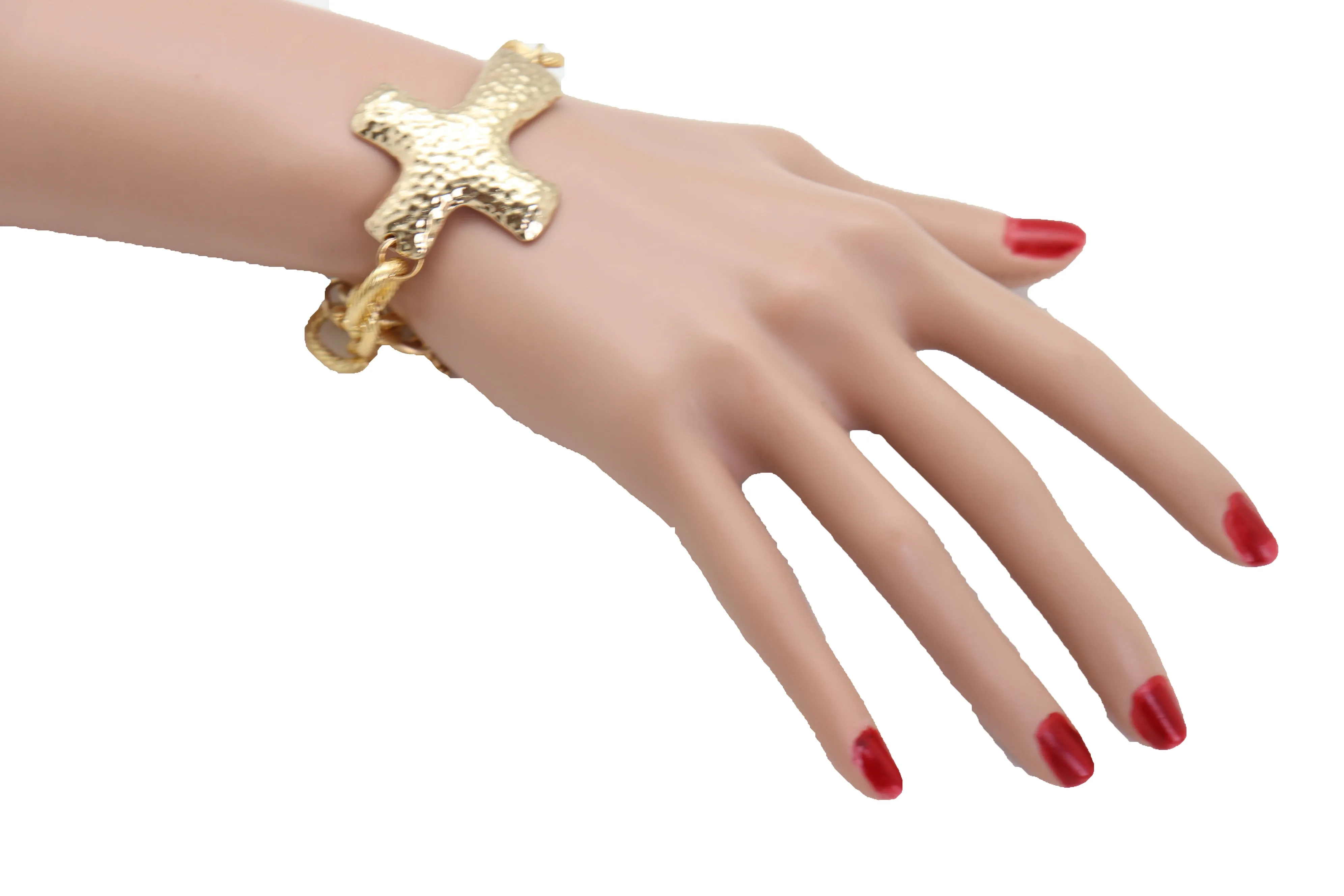 Gold Metal Chain Wrist Bracelet Cross Charm Weekend Look