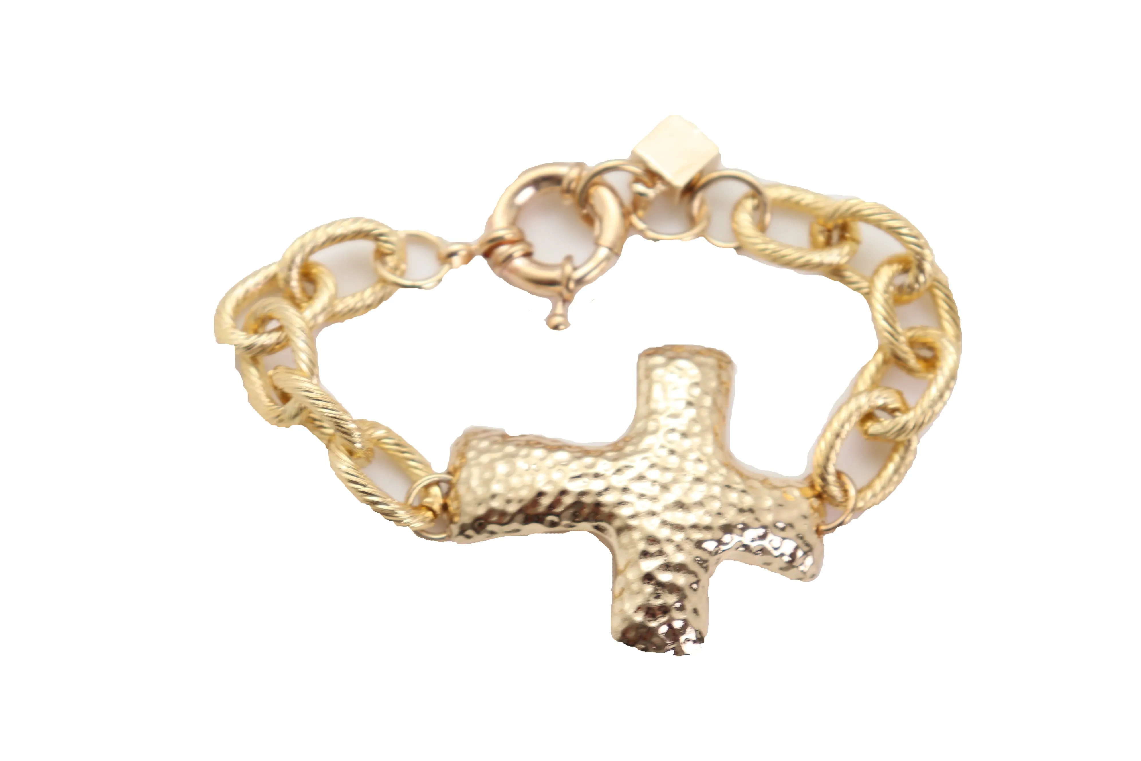 Gold Metal Chain Wrist Bracelet Cross Charm Weekend Look