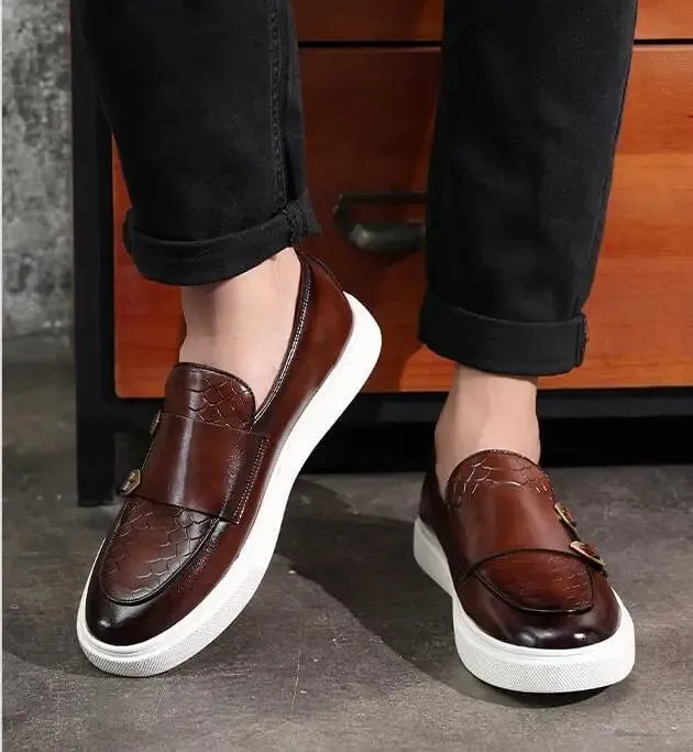 Luxury Retro British Style Men's Slip-on Loafers: Snakeskin Grain Leather Casual Shoes