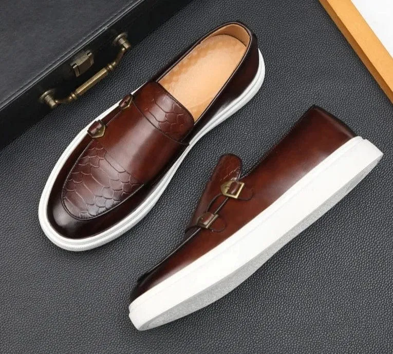 Luxury Retro British Style Men's Slip-on Loafers: Snakeskin Grain Leather Casual Shoes