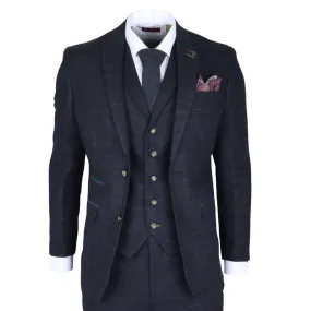 Men's Suit Wool Blend 3 Piece Navy Blue Herringbone Check Tweed Slim Fit Formal Dress