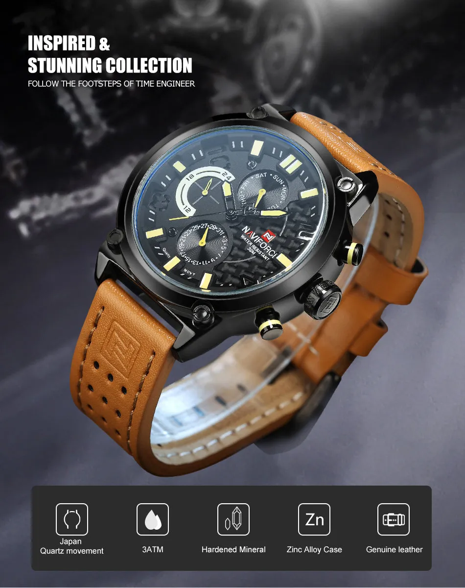 NAVIFORCE Fashion Watches for Men Military Sport Genuine Leather Quartz Waterproof WristWatch NF9068L