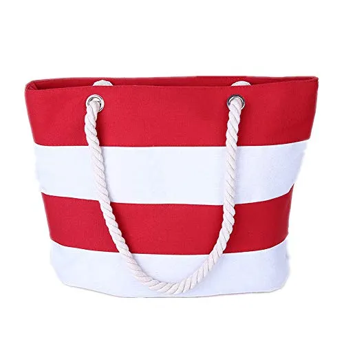 (Price/Pack) Opromo Ladies Striped Canvas Shoulder Zipper Tote Bag for Daily,Shopper,Travel,Beach,4