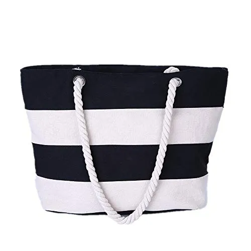 (Price/Pack) Opromo Ladies Striped Canvas Shoulder Zipper Tote Bag for Daily,Shopper,Travel,Beach,4