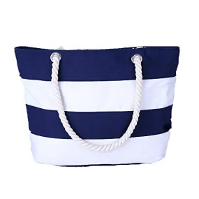 (Price/Pack) Opromo Ladies Striped Canvas Shoulder Zipper Tote Bag for Daily,Shopper,Travel,Beach,4