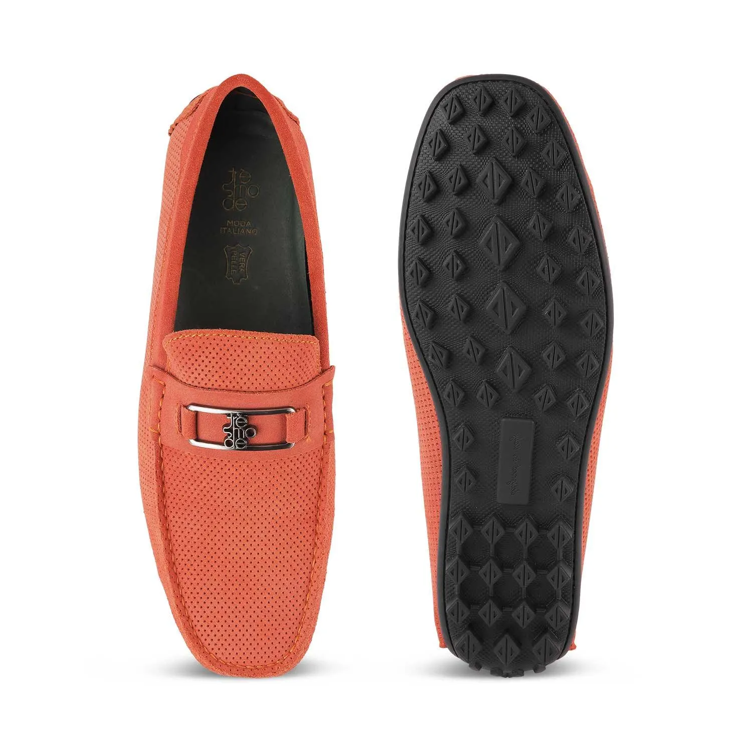 Tresmode Bren Orange Men's Suede Leather Driving Loafers